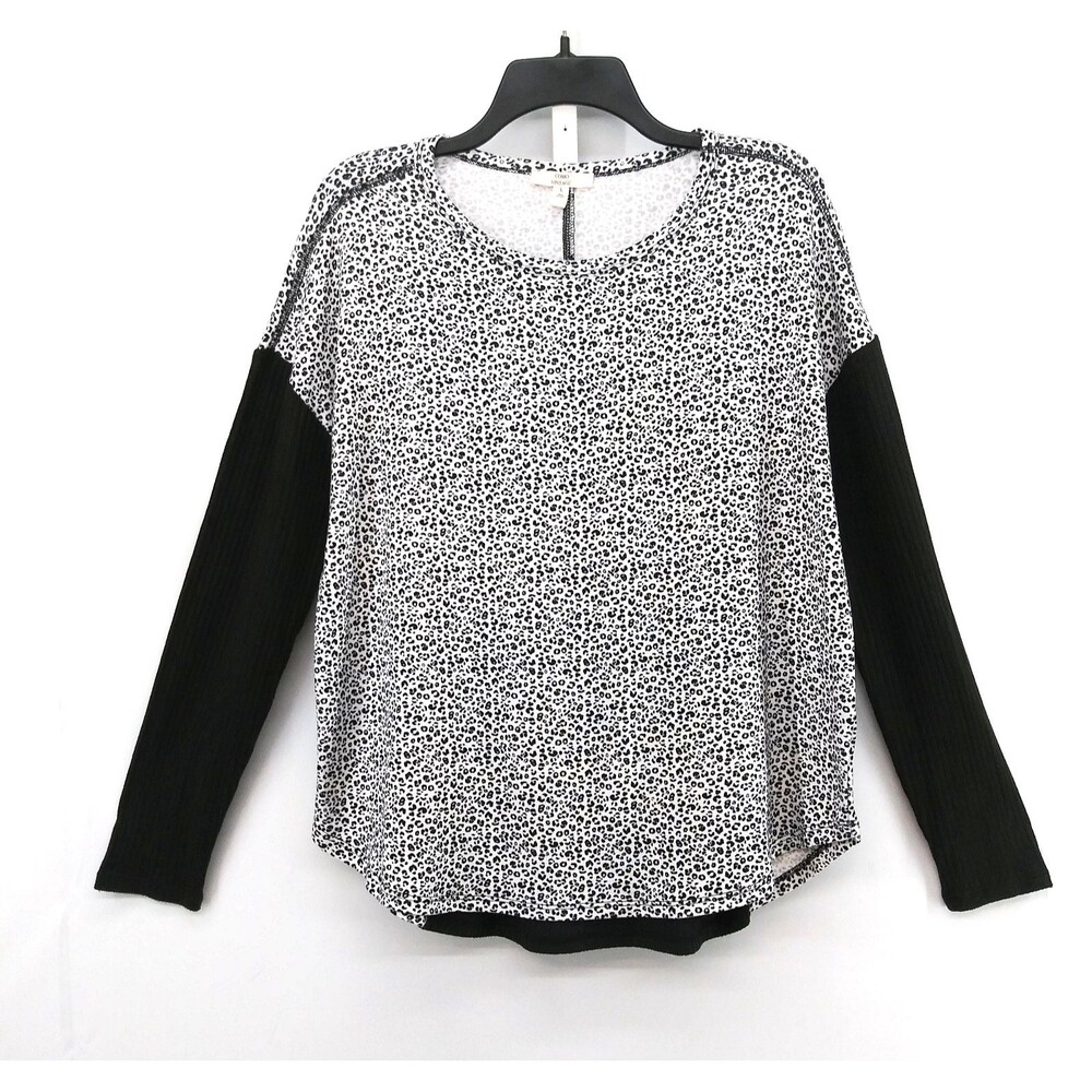 Como Vintage Shirt Womens Large White Animal Print Black Ribbed Long Sleeve Top